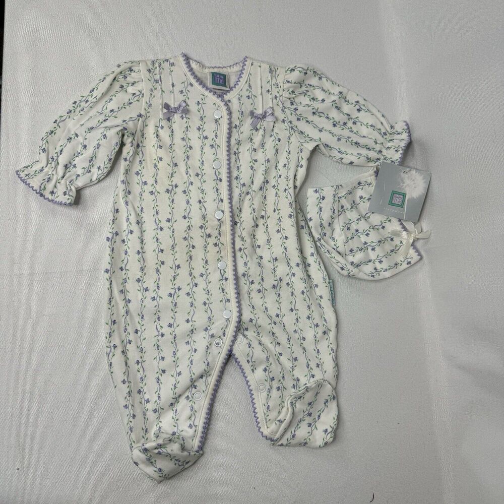 Newborn Girl Little Me 2pc Purple Flower Footed Outfit With Hat Ruffle Sleeve